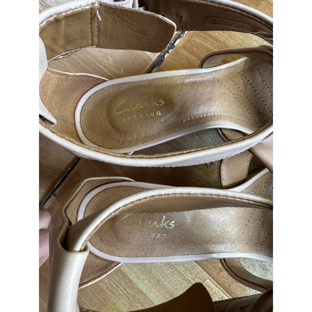 NIB Clarks Artisan Aisley Orchid Leather Wedge Sandals Nude Beige Pink 6.5M